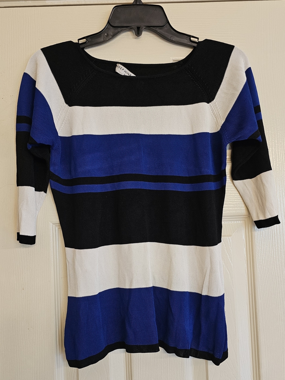 Josephine Chaus Petite Striped Knit Top in Black, White & Royal Blue
